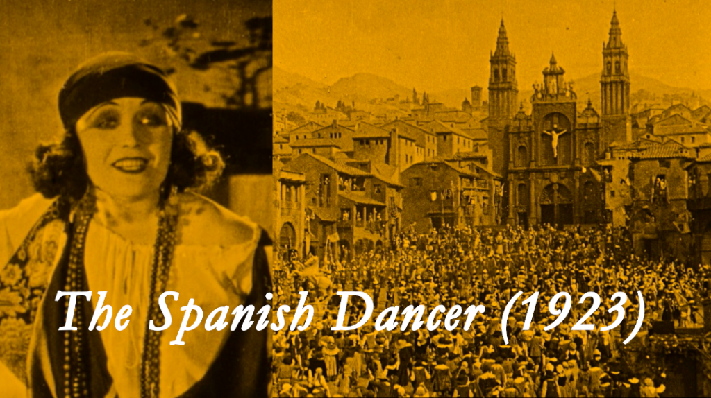 Pola Negri close-up and wide shot of hundreds of people at the festival in front of a cathedral