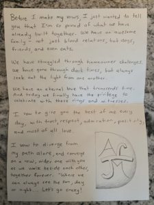 His vows, with a new family logo sketched in the bottom right.